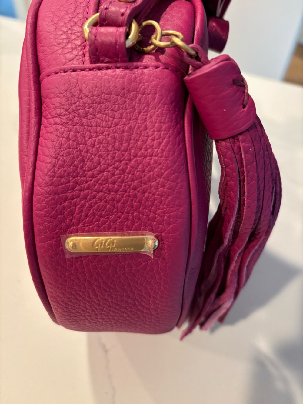 Gigi New York Crossbody Azalea Pebble Grain Leather Pink Round Bag with Tassel - Picture 2 of 9